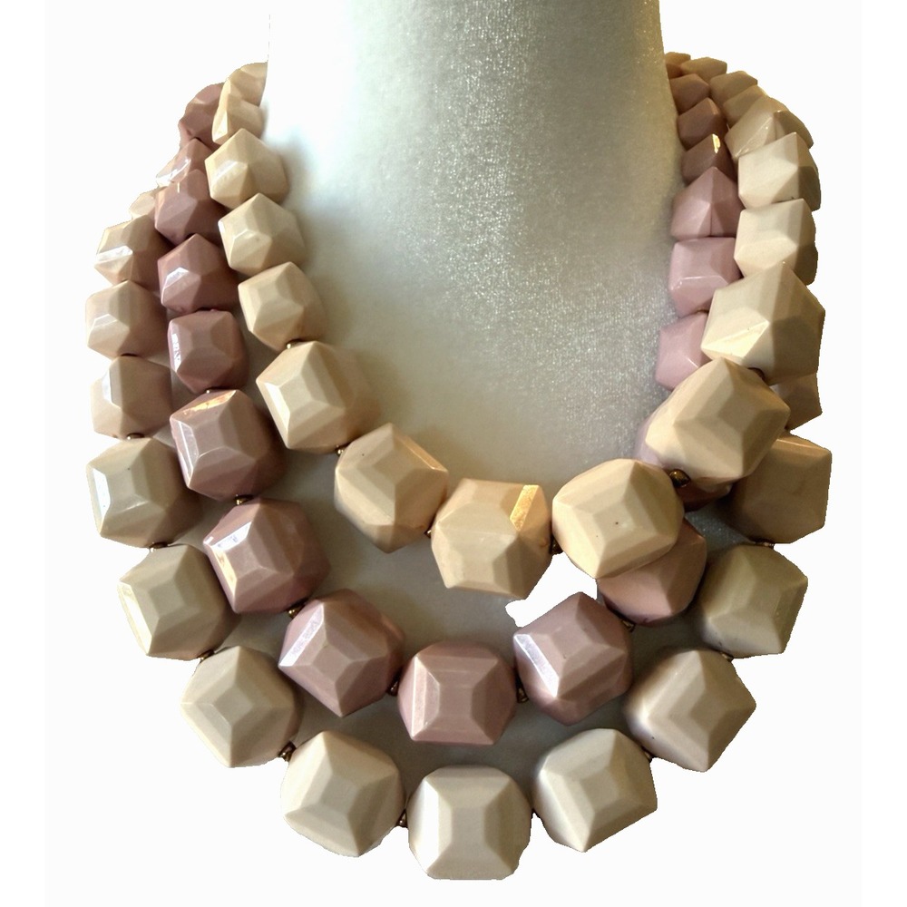 Chunky Pink Cream Multi Strand Statement Necklace Earrings Set Retro Mod Geometr
